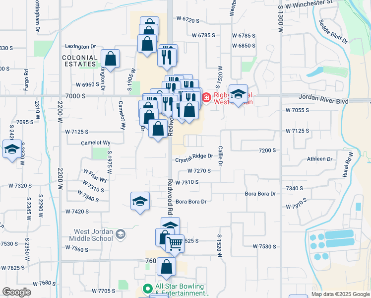 map of restaurants, bars, coffee shops, grocery stores, and more near 1643 Beamon Street in West Jordan