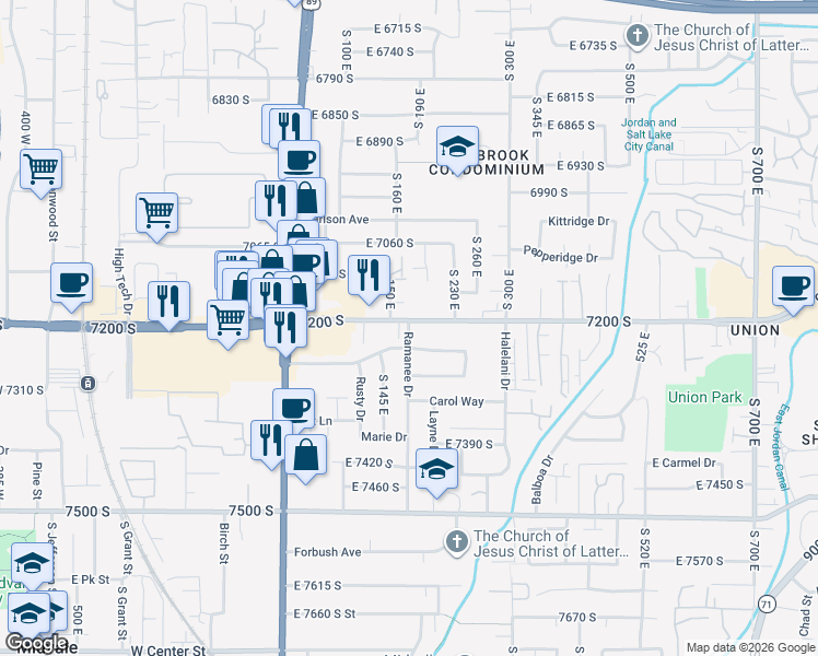 map of restaurants, bars, coffee shops, grocery stores, and more near 201 Nicoletti Drive in Midvale