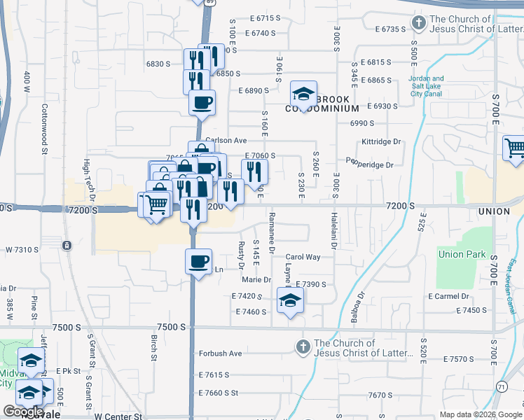 map of restaurants, bars, coffee shops, grocery stores, and more near 7214 South 160 East in Midvale