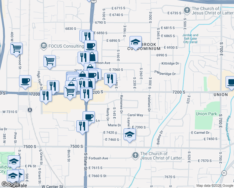 map of restaurants, bars, coffee shops, grocery stores, and more near 7214 South 160 East in Midvale