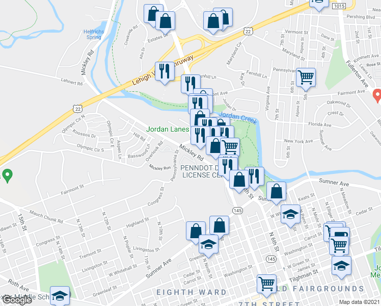 map of restaurants, bars, coffee shops, grocery stores, and more near 184 Mickley Road in Whitehall