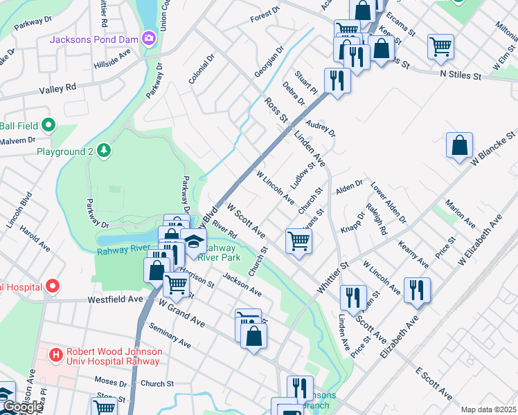 map of restaurants, bars, coffee shops, grocery stores, and more near 2078 Ludlow Street in Rahway