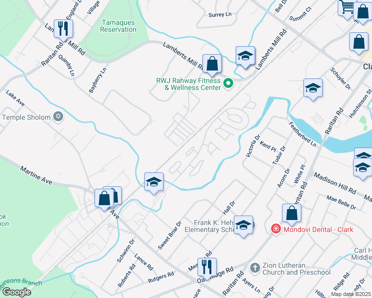 map of restaurants, bars, coffee shops, grocery stores, and more near 34 Burnham Court in Scotch Plains