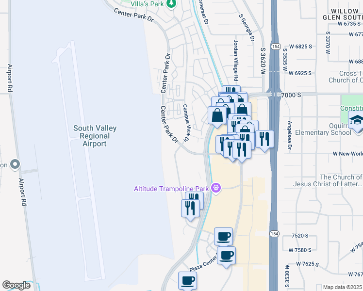 map of restaurants, bars, coffee shops, grocery stores, and more near 7202 South Campus View Drive in West Jordan