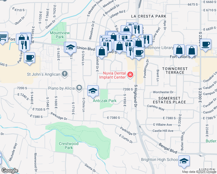 map of restaurants, bars, coffee shops, grocery stores, and more near 1869 7200 South in Cottonwood Heights