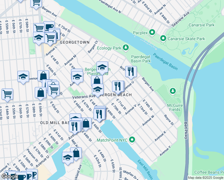 map of restaurants, bars, coffee shops, grocery stores, and more near 7007 Avenue U in Brooklyn