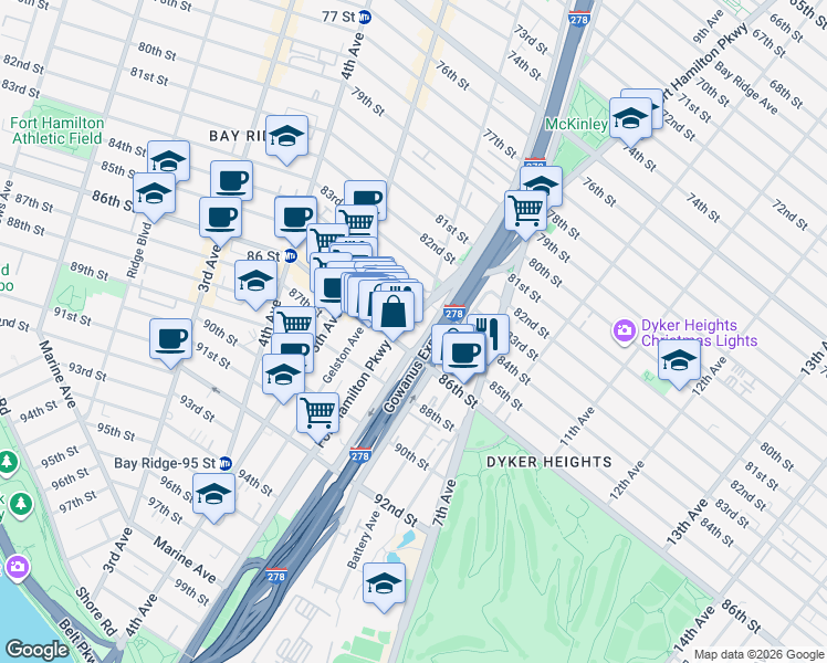 map of restaurants, bars, coffee shops, grocery stores, and more near 8501 Fort Hamilton Parkway in Brooklyn