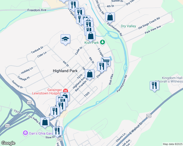 map of restaurants, bars, coffee shops, grocery stores, and more near 709 Highland Avenue in Lewistown