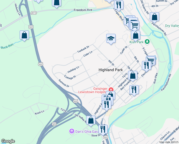 map of restaurants, bars, coffee shops, grocery stores, and more near 410 3rd Street in Lewistown