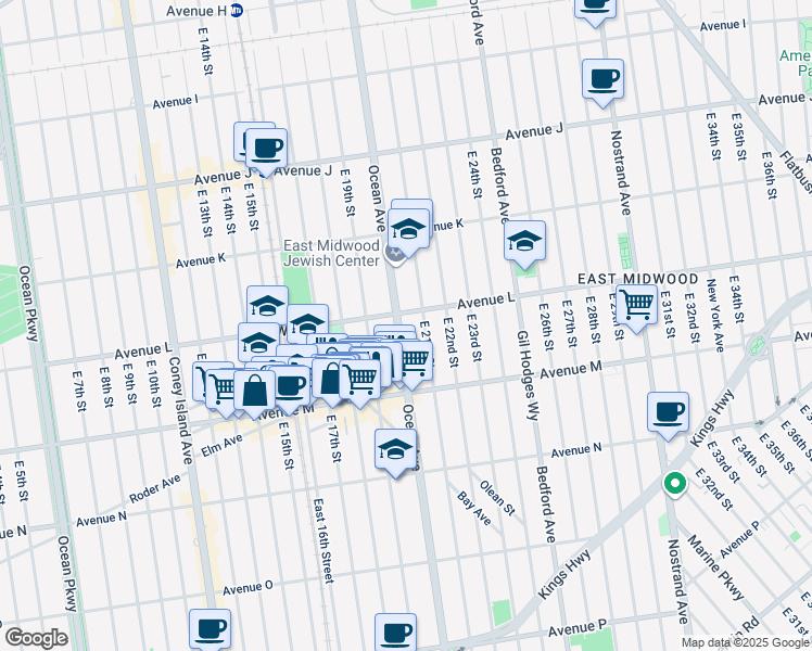 map of restaurants, bars, coffee shops, grocery stores, and more near 1685 Ocean Avenue in Brooklyn