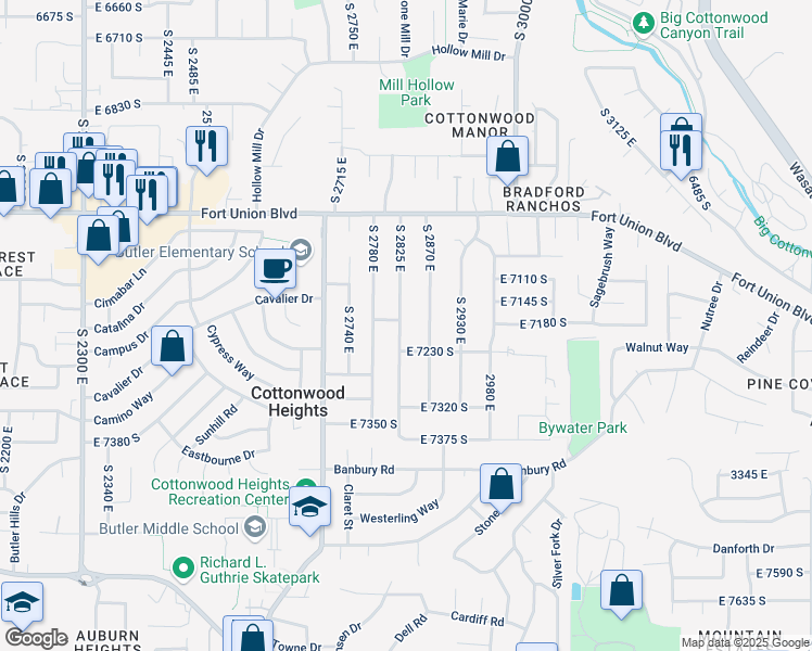 map of restaurants, bars, coffee shops, grocery stores, and more near 7226 South 2870 East in Cottonwood Heights
