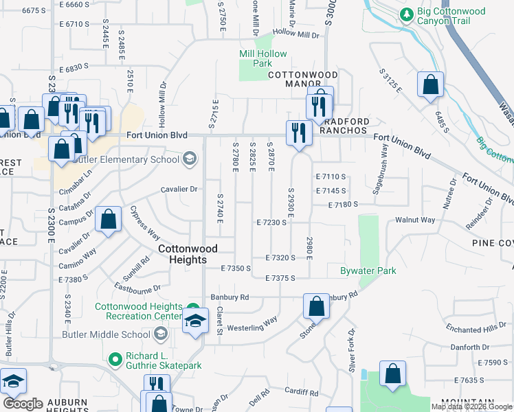 map of restaurants, bars, coffee shops, grocery stores, and more near 7226 South 2870 East in Cottonwood Heights