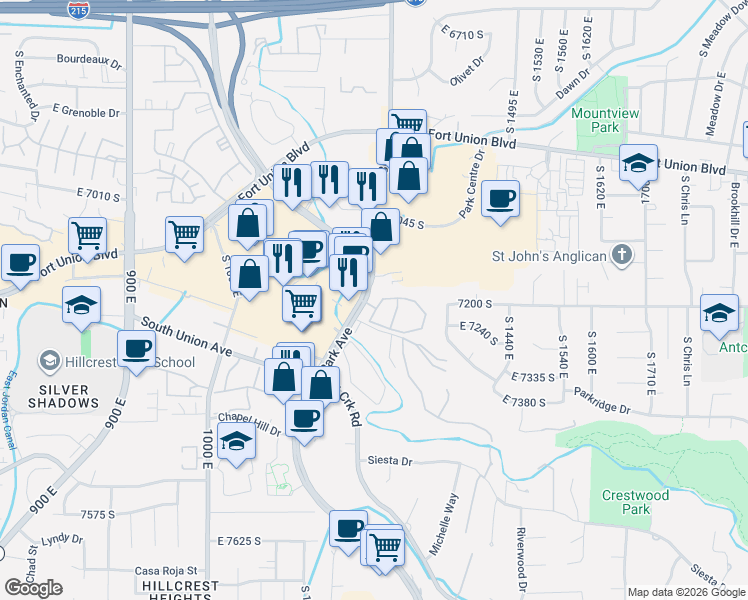 map of restaurants, bars, coffee shops, grocery stores, and more near 1282 Ridge Meadow Lane in Midvale