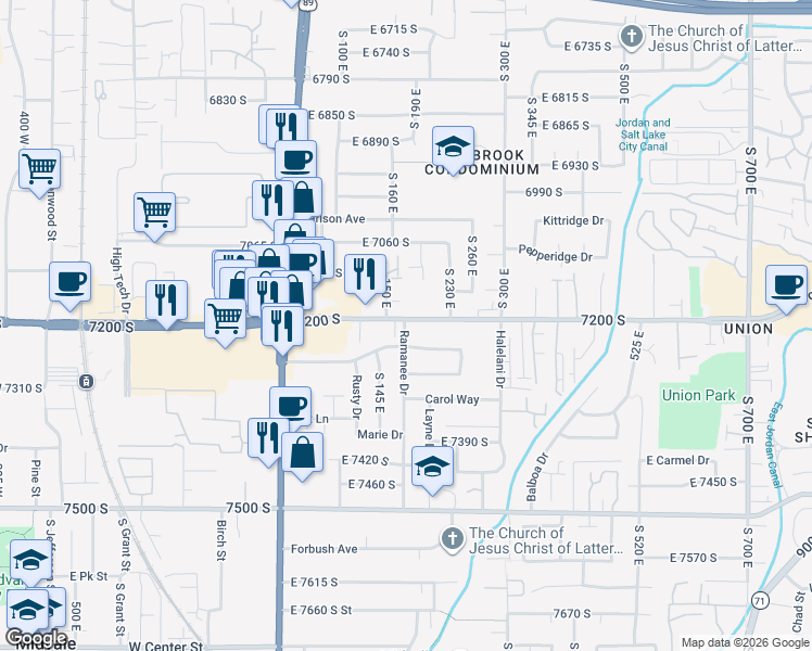 map of restaurants, bars, coffee shops, grocery stores, and more near 201 Nicoletti Drive in Midvale