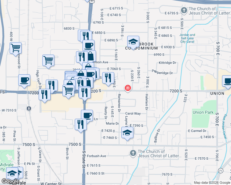 map of restaurants, bars, coffee shops, grocery stores, and more near 152 Nicoletti Drive in Midvale