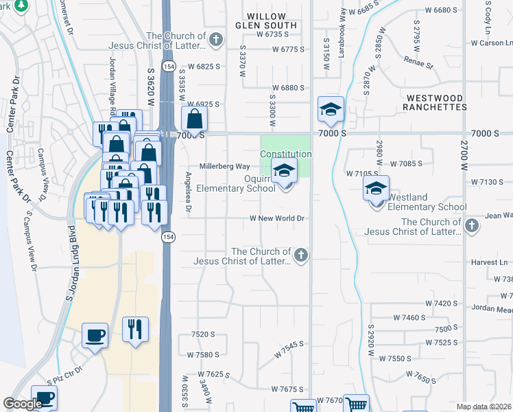 map of restaurants, bars, coffee shops, grocery stores, and more near 3320 West New World Drive in West Jordan