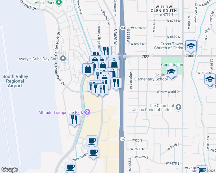 map of restaurants, bars, coffee shops, grocery stores, and more near 3629 Center Park Drive in West Jordan