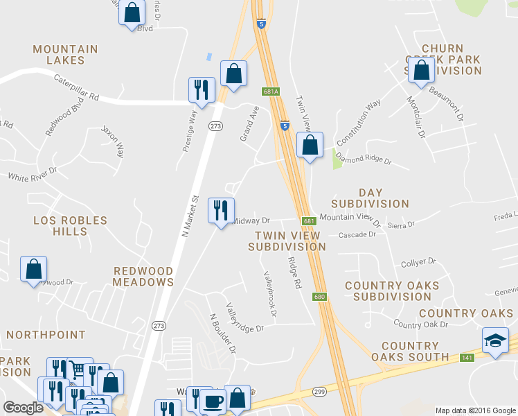 map of restaurants, bars, coffee shops, grocery stores, and more near 5425 Midway Drive in Redding