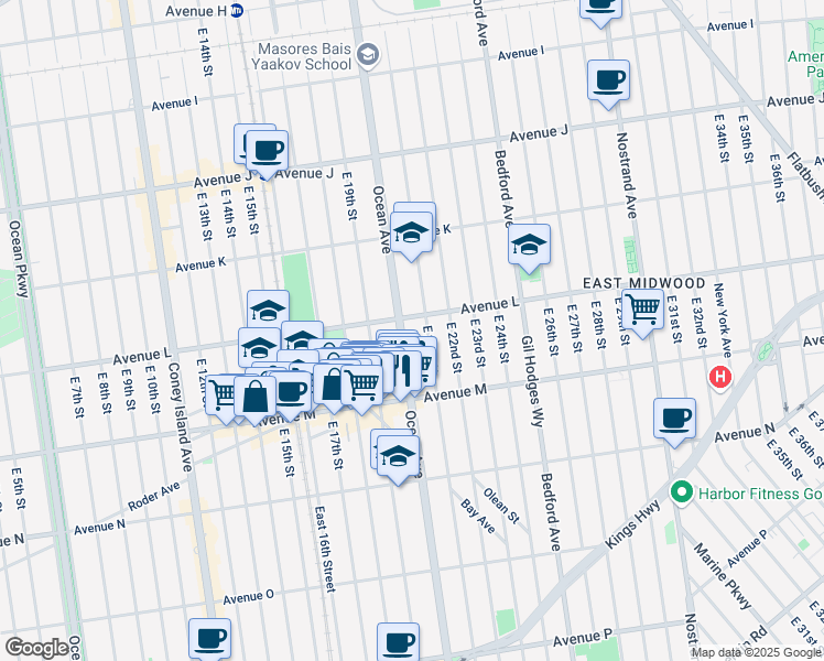 map of restaurants, bars, coffee shops, grocery stores, and more near 1362 East 21st Street in Brooklyn