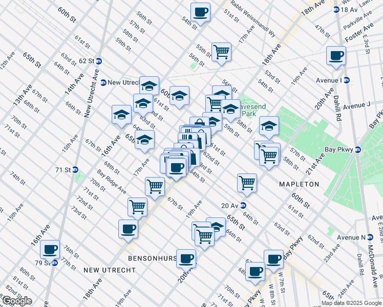map of restaurants, bars, coffee shops, grocery stores, and more near 6210 18th Avenue in Brooklyn