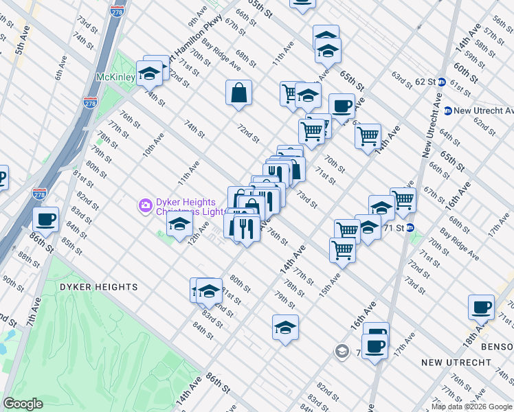 map of restaurants, bars, coffee shops, grocery stores, and more near 7613-7615 13th Avenue in Brooklyn