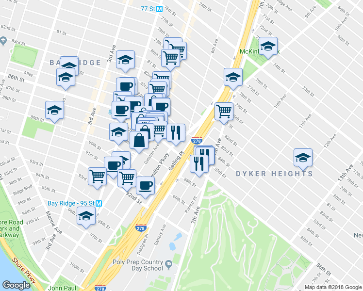 map of restaurants, bars, coffee shops, grocery stores, and more near 621 86th Street in Brooklyn