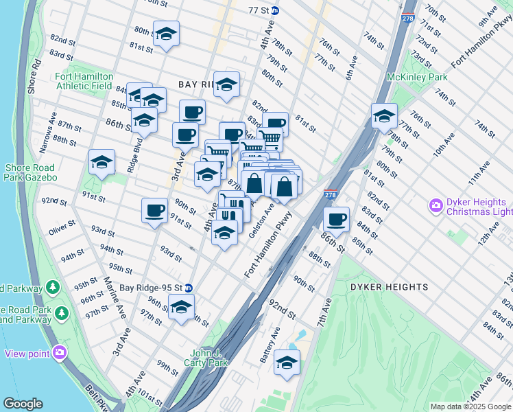 map of restaurants, bars, coffee shops, grocery stores, and more near 519 88th Street in Brooklyn