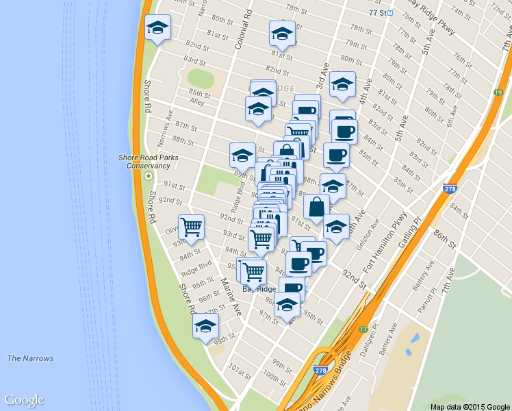 map of restaurants, bars, coffee shops, grocery stores, and more near 240 91st Street in Brooklyn