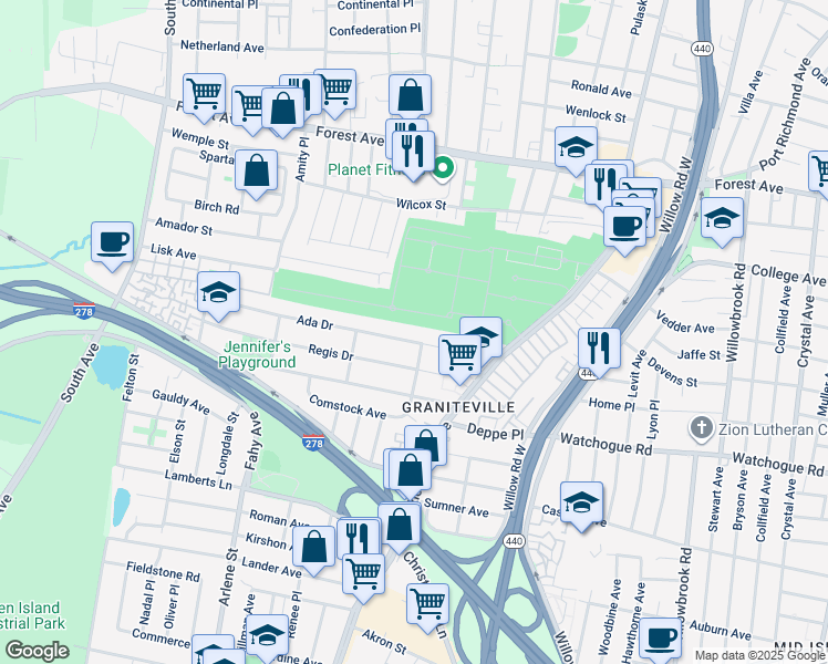 map of restaurants, bars, coffee shops, grocery stores, and more near 88 Ada Drive in Staten Island