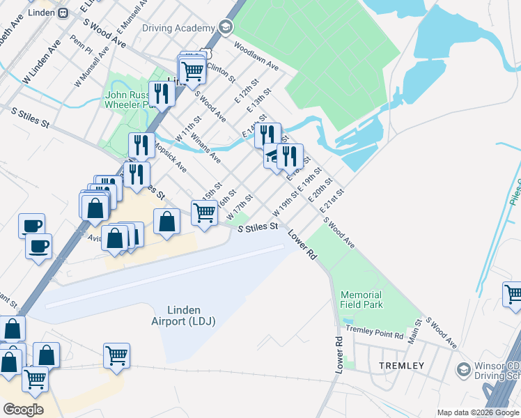 map of restaurants, bars, coffee shops, grocery stores, and more near 109 West 19th Street in Linden