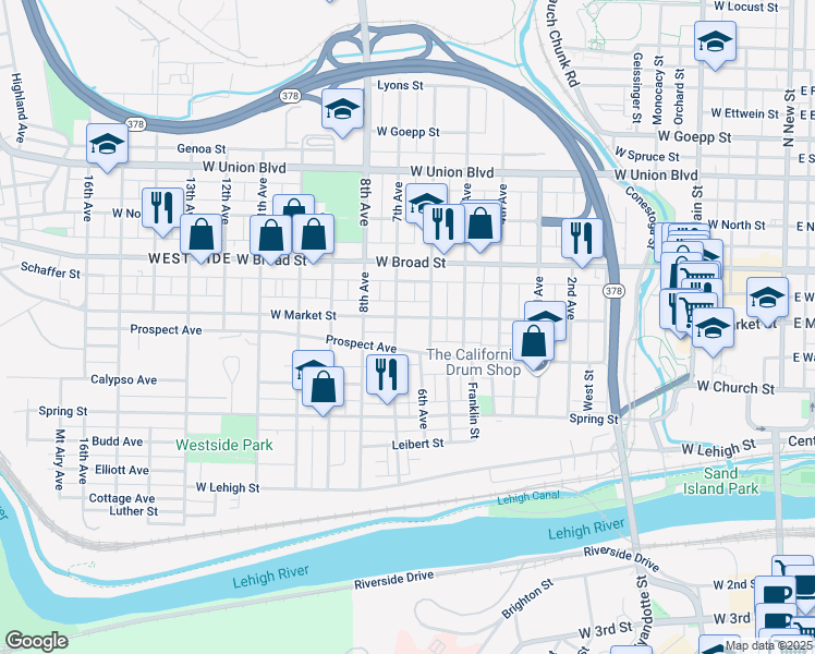 map of restaurants, bars, coffee shops, grocery stores, and more near 716 Prospect Avenue in Bethlehem