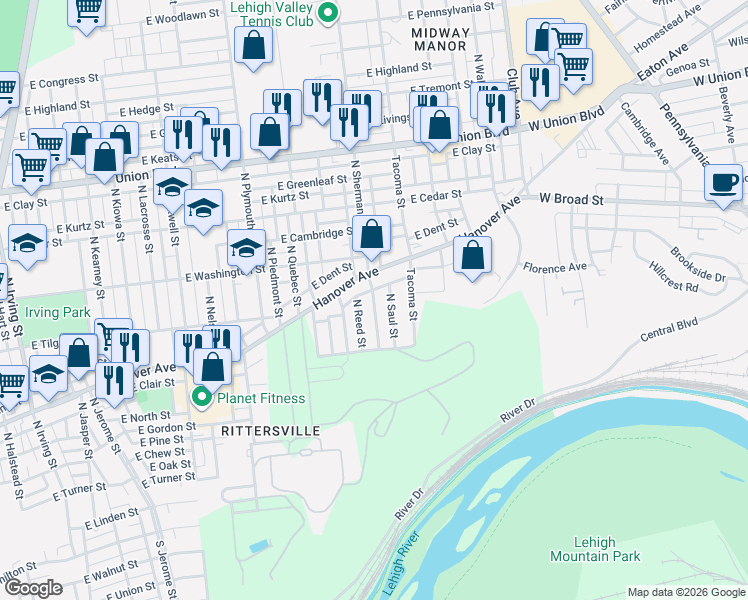 map of restaurants, bars, coffee shops, grocery stores, and more near 638 North Sherman Street in Allentown