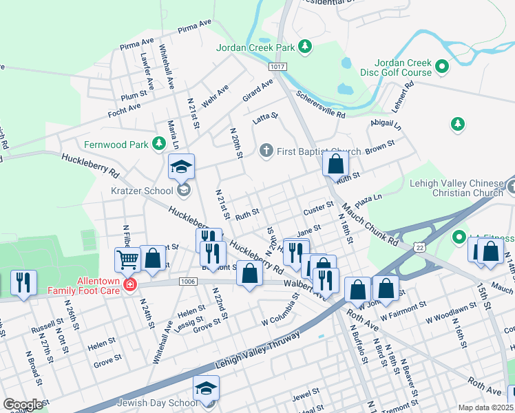 map of restaurants, bars, coffee shops, grocery stores, and more near 2028 Ruth Street in Allentown