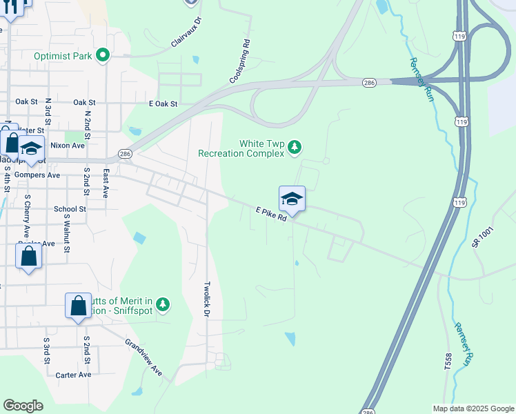 map of restaurants, bars, coffee shops, grocery stores, and more near 450 East Pike Road in Indiana