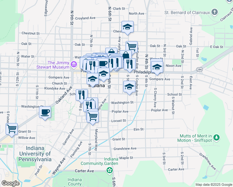map of restaurants, bars, coffee shops, grocery stores, and more near 225 South 6th Street in Indiana