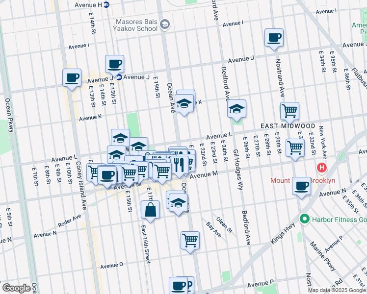 map of restaurants, bars, coffee shops, grocery stores, and more near 1685 Ocean Avenue in Brooklyn