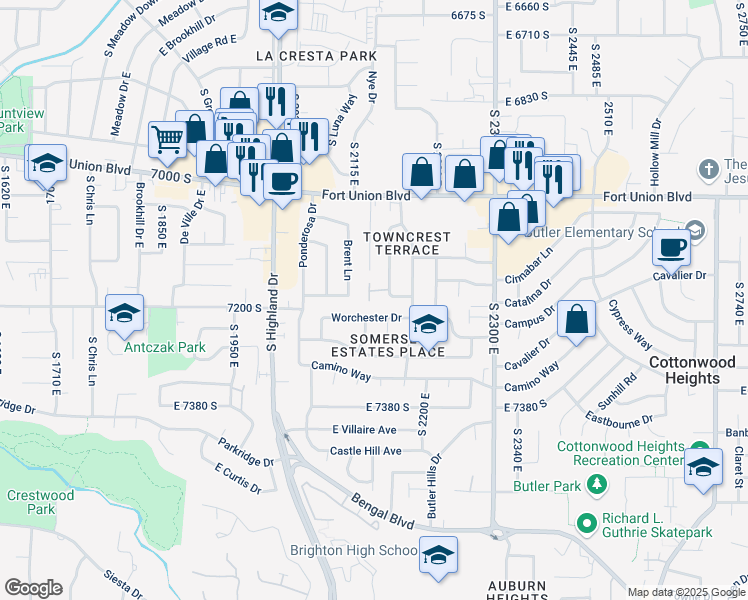 map of restaurants, bars, coffee shops, grocery stores, and more near 7187 Villandrie Lane in Cottonwood Heights