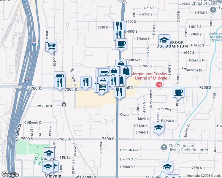 map of restaurants, bars, coffee shops, grocery stores, and more near 43 7200 South in Midvale