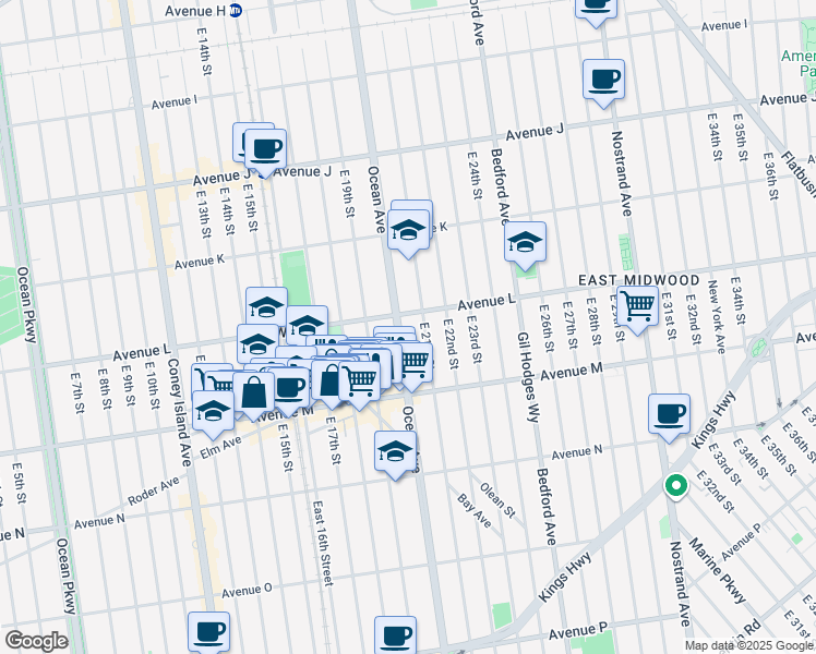 map of restaurants, bars, coffee shops, grocery stores, and more near 1362 East 21st Street in Brooklyn