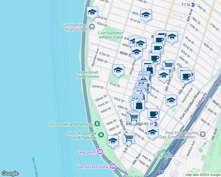 map of restaurants, bars, coffee shops, grocery stores, and more near 119 92nd Street in Brooklyn