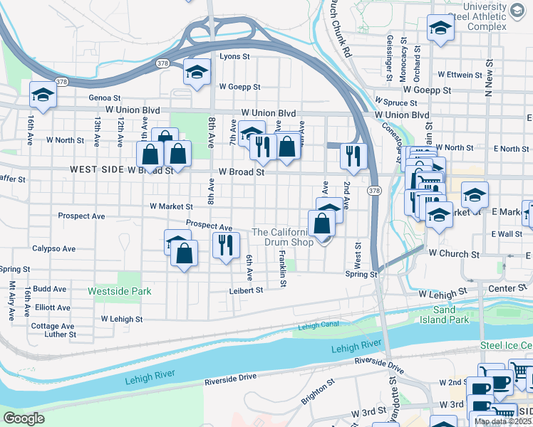 map of restaurants, bars, coffee shops, grocery stores, and more near 610 Prospect Avenue in Bethlehem