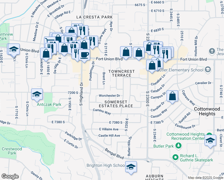 map of restaurants, bars, coffee shops, grocery stores, and more near 7187 Villandrie Lane in Cottonwood Heights