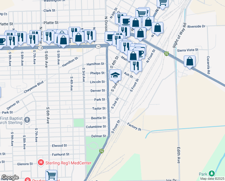 map of restaurants, bars, coffee shops, grocery stores, and more near 329 South 3rd Street in Sterling