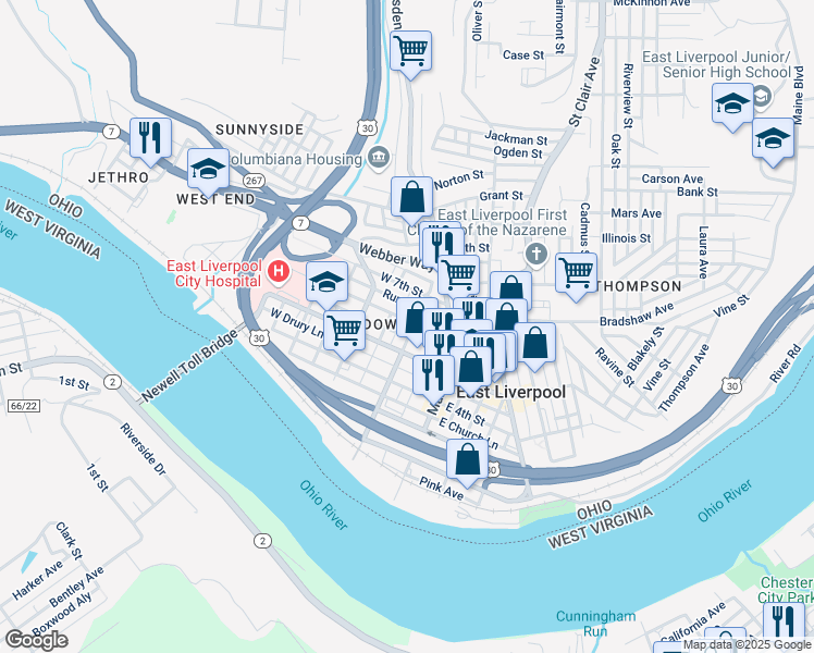 map of restaurants, bars, coffee shops, grocery stores, and more near 200 West 6th Street in East Liverpool