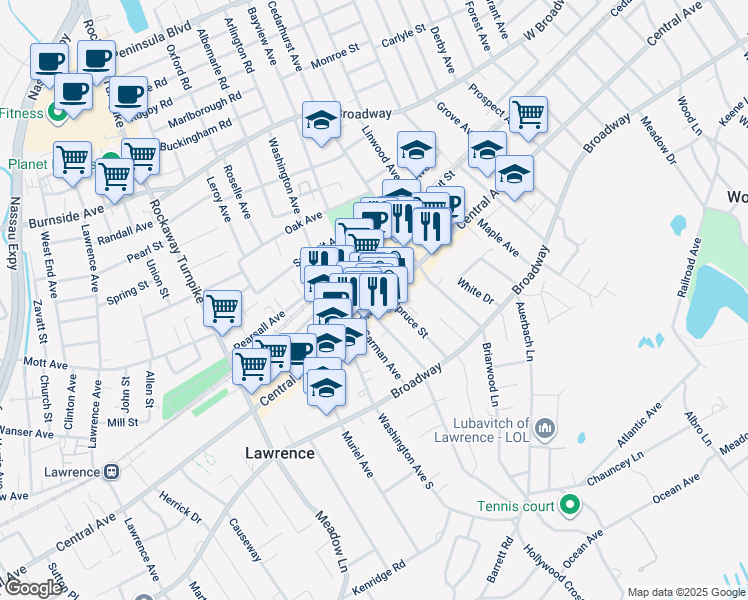 map of restaurants, bars, coffee shops, grocery stores, and more near 80 Columbia Avenue in Cedarhurst