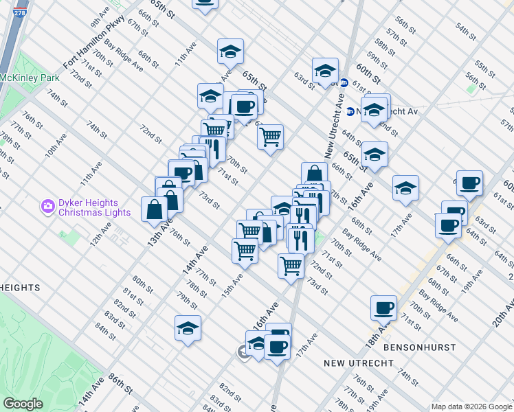 map of restaurants, bars, coffee shops, grocery stores, and more near 1442 72nd Street in Brooklyn