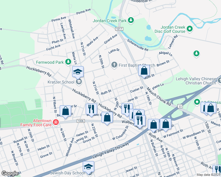 map of restaurants, bars, coffee shops, grocery stores, and more near 2028 Ruth Street in Allentown