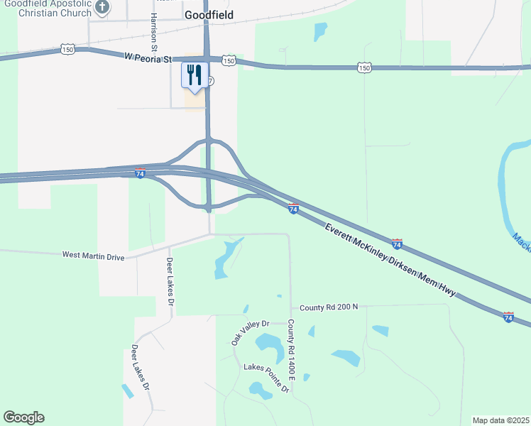 map of restaurants, bars, coffee shops, grocery stores, and more near 120 East Martin Drive in Goodfield