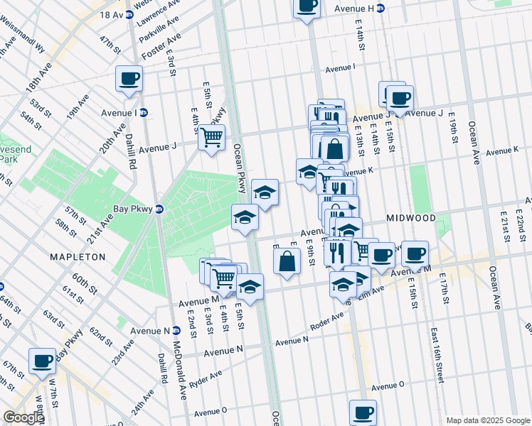 map of restaurants, bars, coffee shops, grocery stores, and more near 1240 East 7th Street in Brooklyn