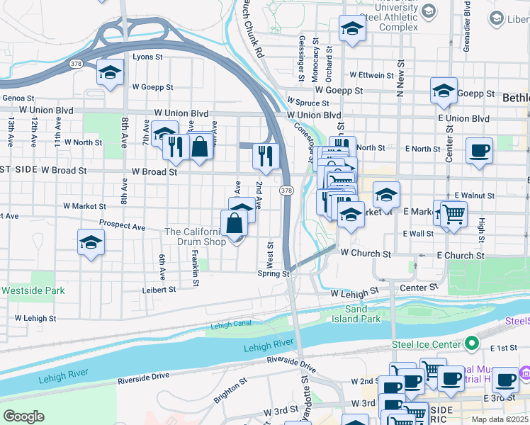 map of restaurants, bars, coffee shops, grocery stores, and more near 415 2nd Avenue in Bethlehem